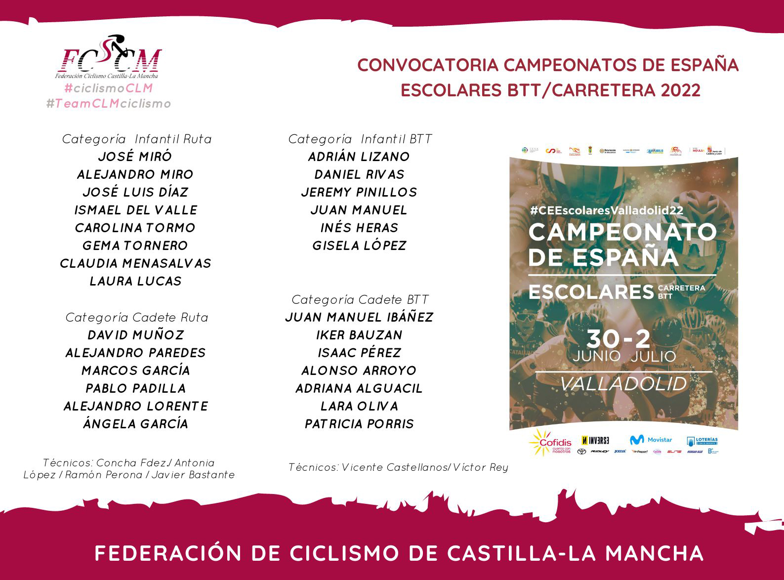 Convocatoria de la Selección de Castilla-La Mancha para los Campeonatos de España Escolares y Junior de carretera 2022